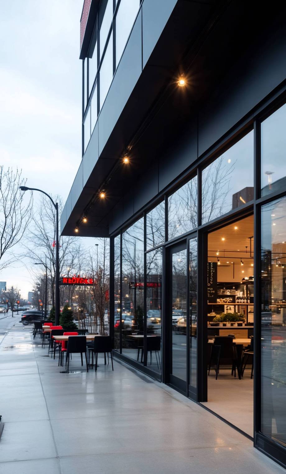 Modern storefront with glass doors and sidewalk seating.